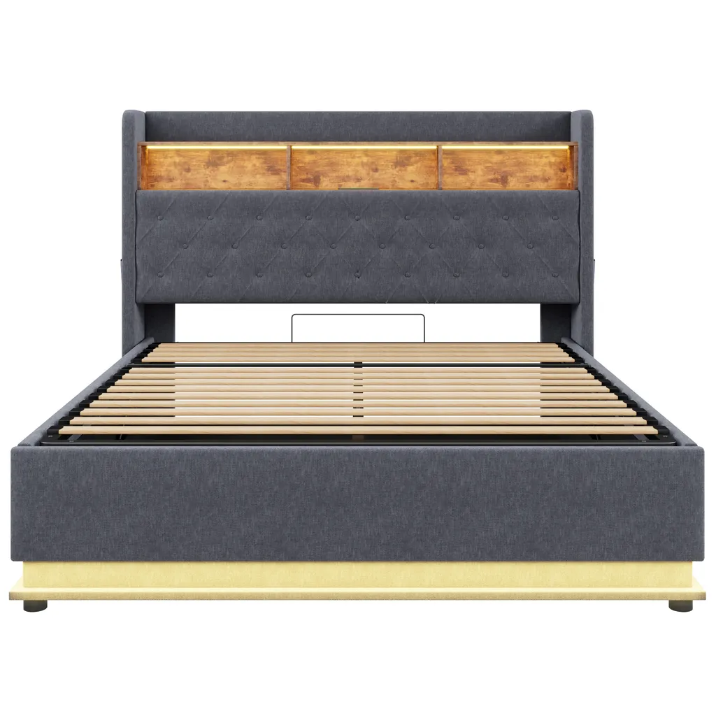 Lit double Boxspring 160x200cm en lin gris avec coffre de rangement - 9