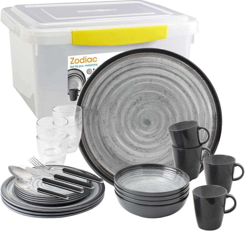 SUNDREAM Camping Geschirr - Unzerbrechlich für Wohnmobil Wohnwagen | ZODIAC, Set 36-tlg