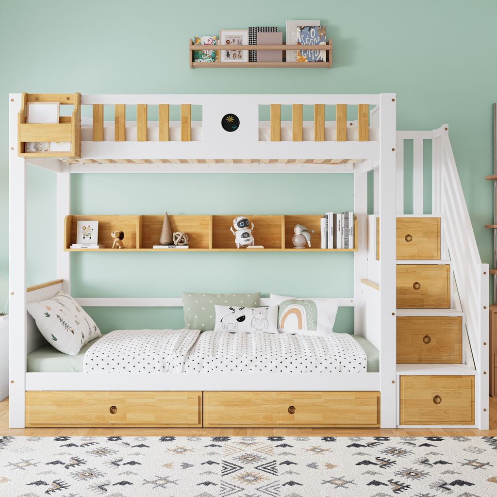 MODFU Etagenbett Kinderbett 90x200cm mit Treppe, Tafel, Regale und Regalkaste, Hochbett Hausbett mit Fallschutzgitter und 2 Schubladen, Massivholzb...