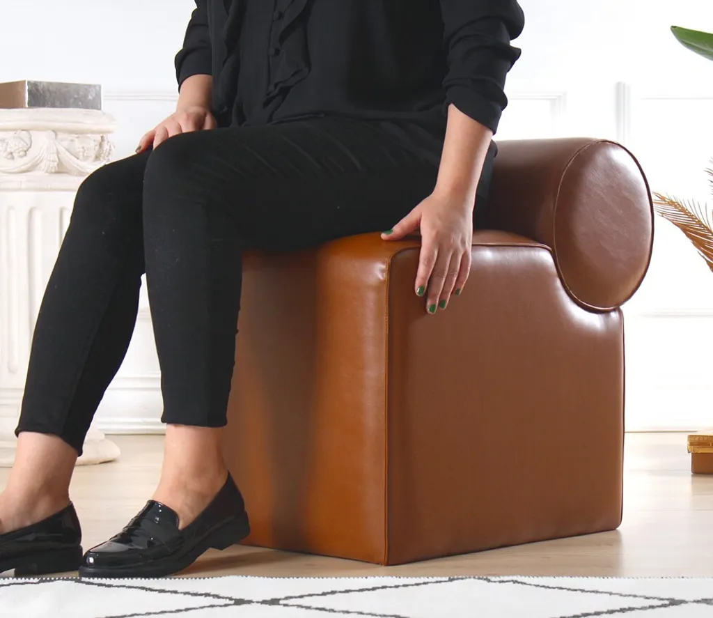 Pouf Hanah Home Rohin en Cuir Marron 45x60x56 cm pour Salon Moderne - 2