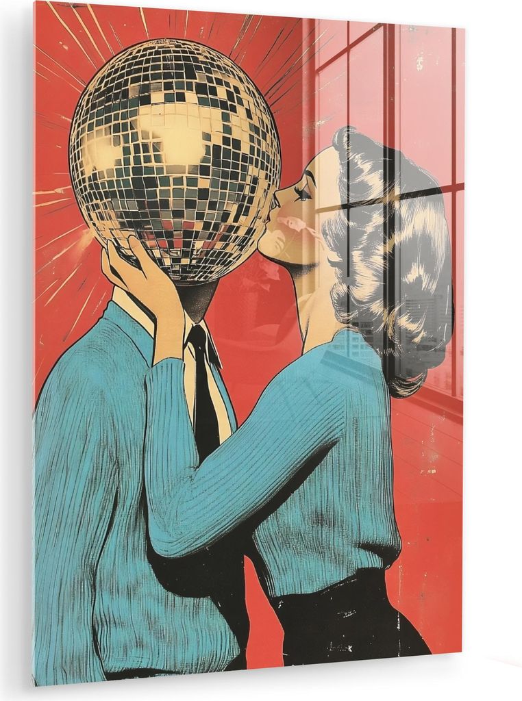 MuchoWow Glasbilder - Bilder auf Wandbild - Foto auf Glas Frau - Retro - Discokugel - Kuss 60x80 cm Wanddekoration aus Glas - Acrylglasbild - Acryl...