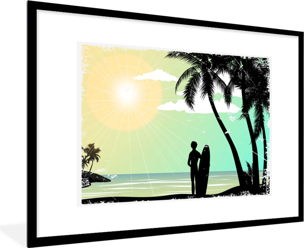 MuchoWow MuchoWow Gerahmtes Poster Strand - Palme - Sonne - Surfbrett 90x60 cm - Poster mit zchwarzem Bilderrahmen - Wanddekoration - Fotos