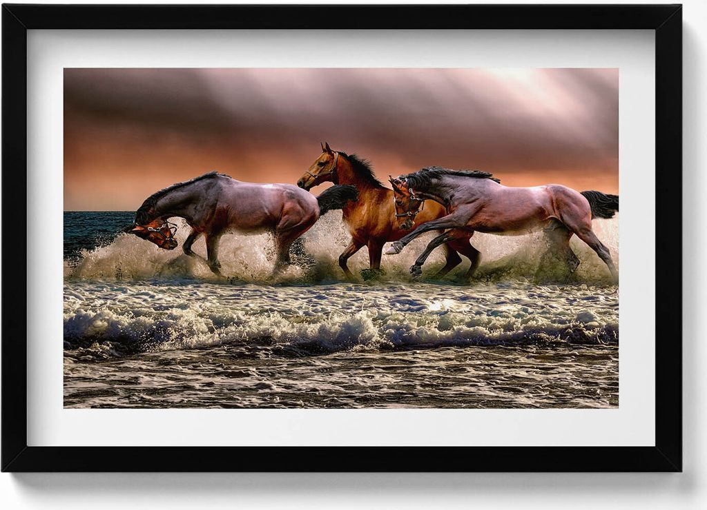 Pferde, die im Wasser rauschen– Wandbild mit Rahmen – Gerahmtes Bild – Wanddekoration – 60x40 cm – Schwarz Rahmen