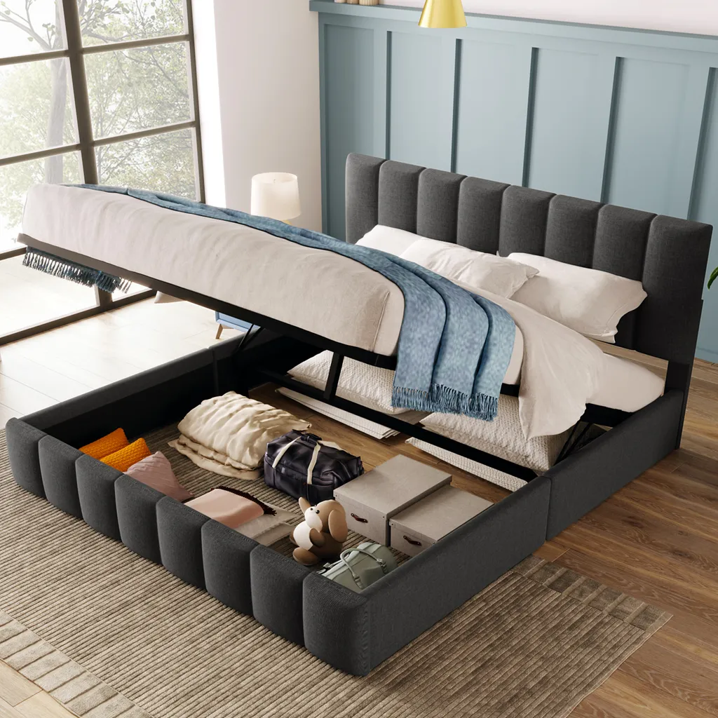 Lit de rangement 140x200 gris gain de place pour chambre adulte avec Merax