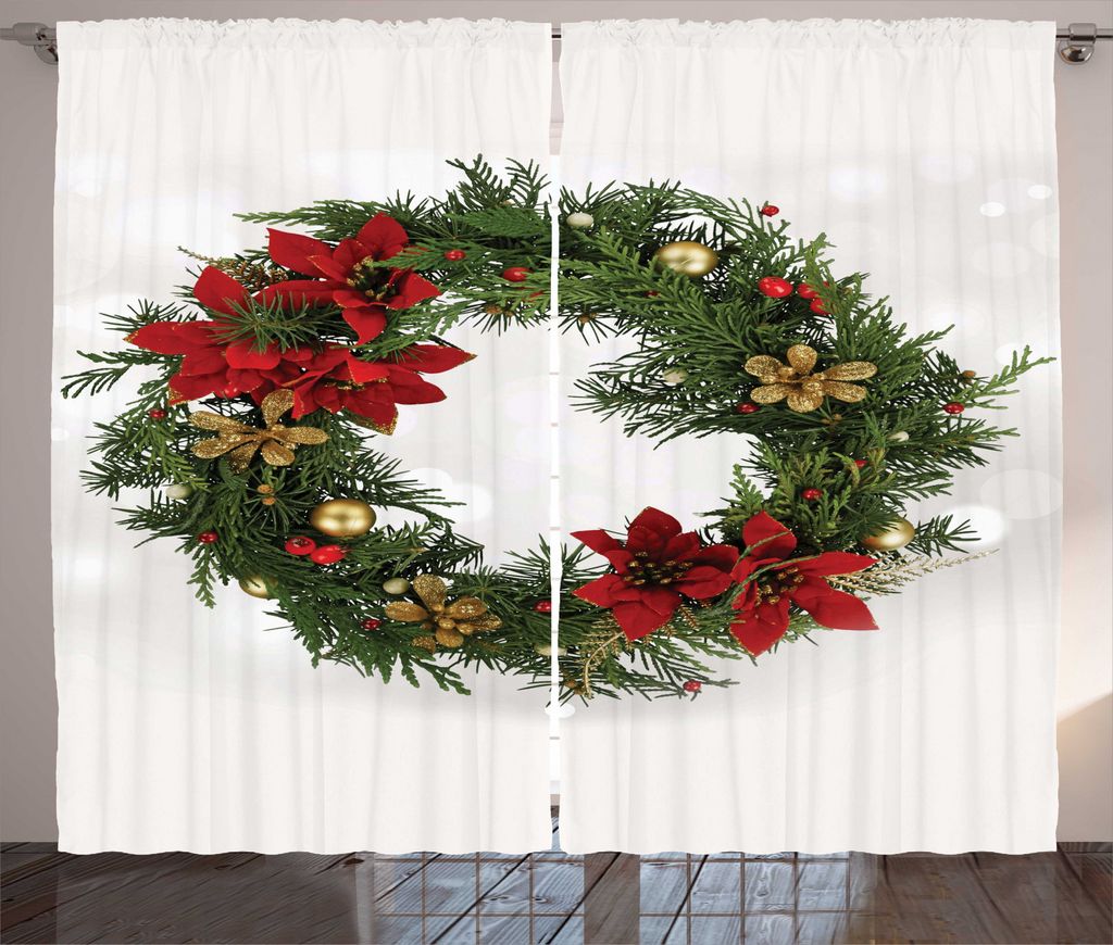 ABAKUHAUS Weihnachten Rustikaler Vorhang, Poinsettia-Blüten, Wohnzimmer Universalband Gardinen mit Schlaufen und Haken, 280 x 245 cm, Mehrfarbig