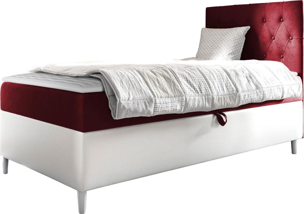 MIRJAN24 Boxspringbett Filip Junior 1 90x200, Einzelbett mit Bonellfederkern, Härtegrad - H3 (Farbe: Soft 017 + Fresh 08, Seite zum Öffnen des Be...