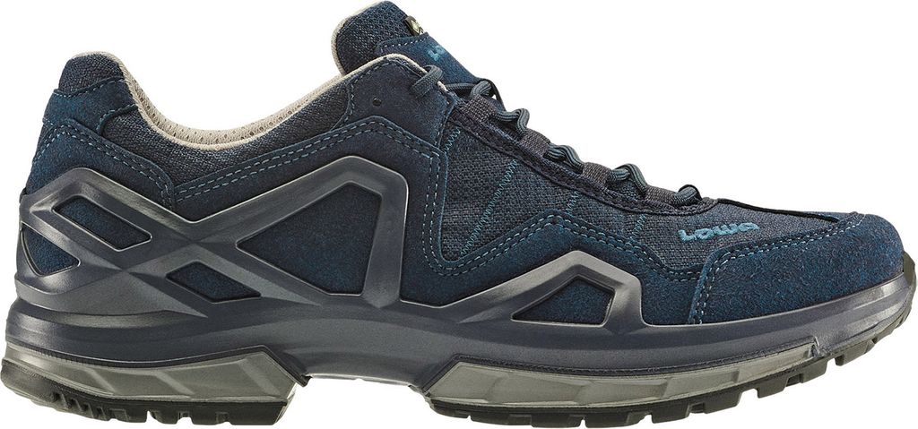 A side view of a blue and gray hiking shoe.