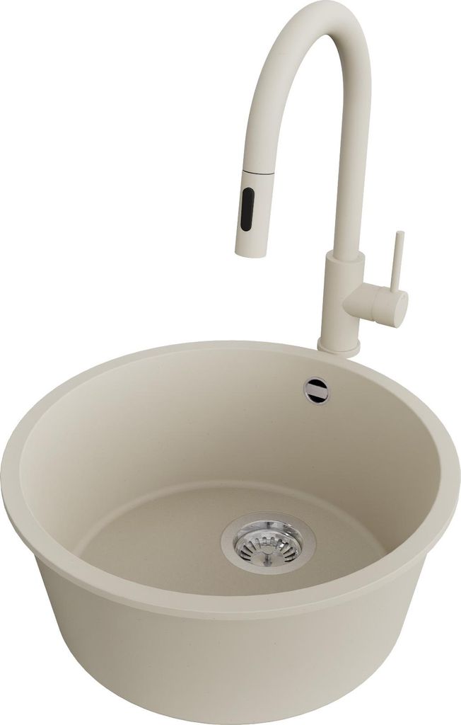 PRIMAGRAN Unterbauspüle Granit Beige 46x46cm, Spülbecken 1 Becken + Küchenarmatur 40x20cm + Ablauf-Set, Granitspüle ab 50er Unterschrank - Vall...
