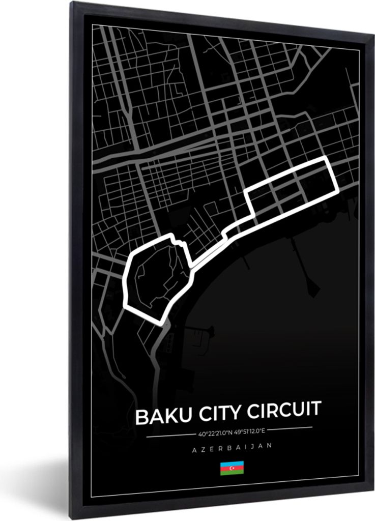 MuchoWow Gerahmtes Poster Rennstrecke - Rundkurs - F1 - Baku City Circuit - Aserbaidschan - Schwarz 40x60 cm - Poster mit Schwarzem Bilderrahmen ...