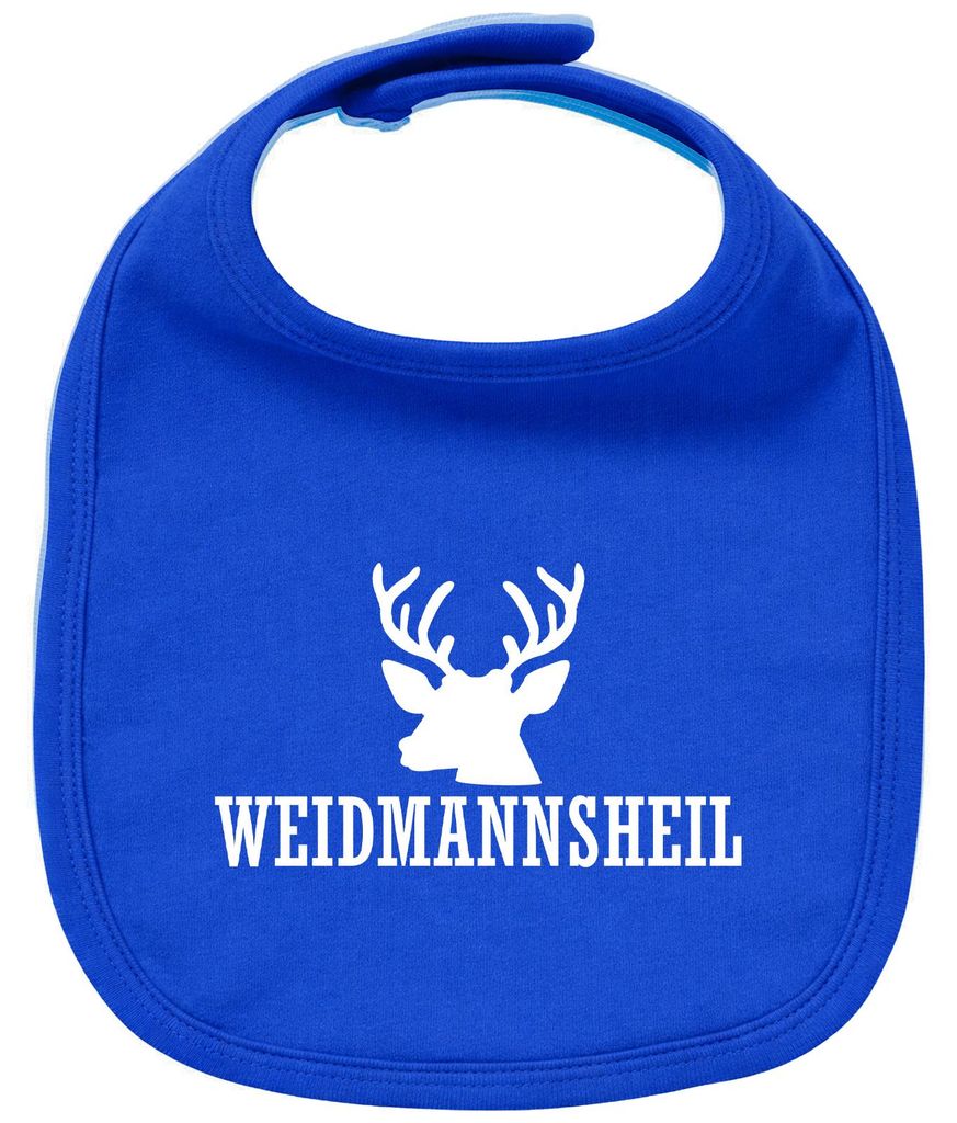 Huuraa Baby Lätzchen Weidmannsheil Hirsch Jägergruß Royal Blue Klettverschluss Baumwolle Latz Geschenkidee