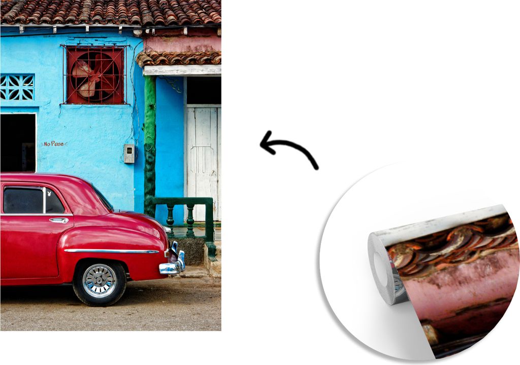 MuchoWow Fototapete für Wohnzimmer oder Schlafzimmer Wandtapete Vinyl Motivtapete Ein kubanischer Oldtimer für ein blaues Haus - 190x280 cm - K...