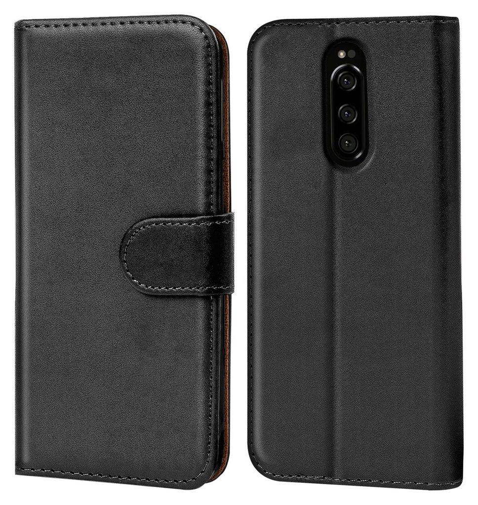 A black flip case for a Sony Xperia phone is shown from the front and back.