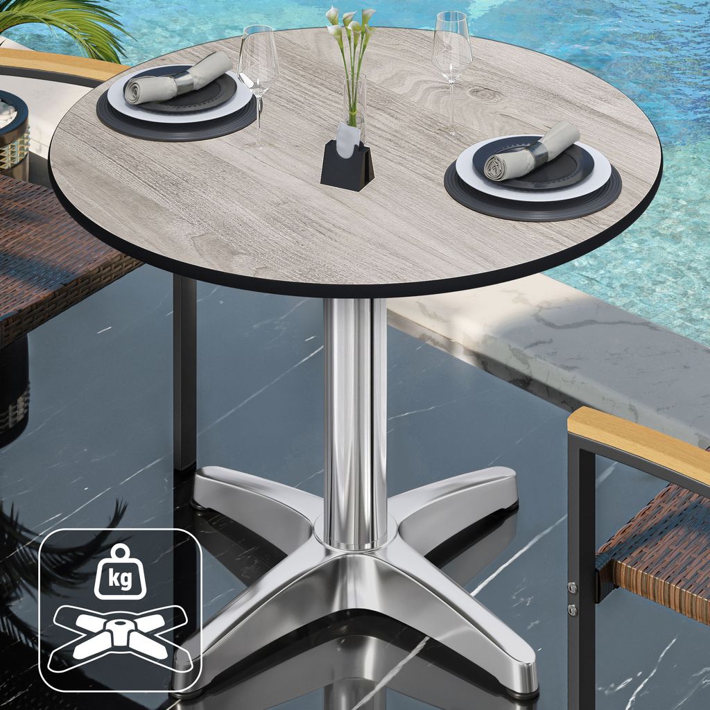 CPBL | HPL Bistrotisch | Ø:H 60 x 80 cm | Eiche-Weiß / Aluminium | Zusatzgewicht | Rund | Bistrotisch Gastro Tisch