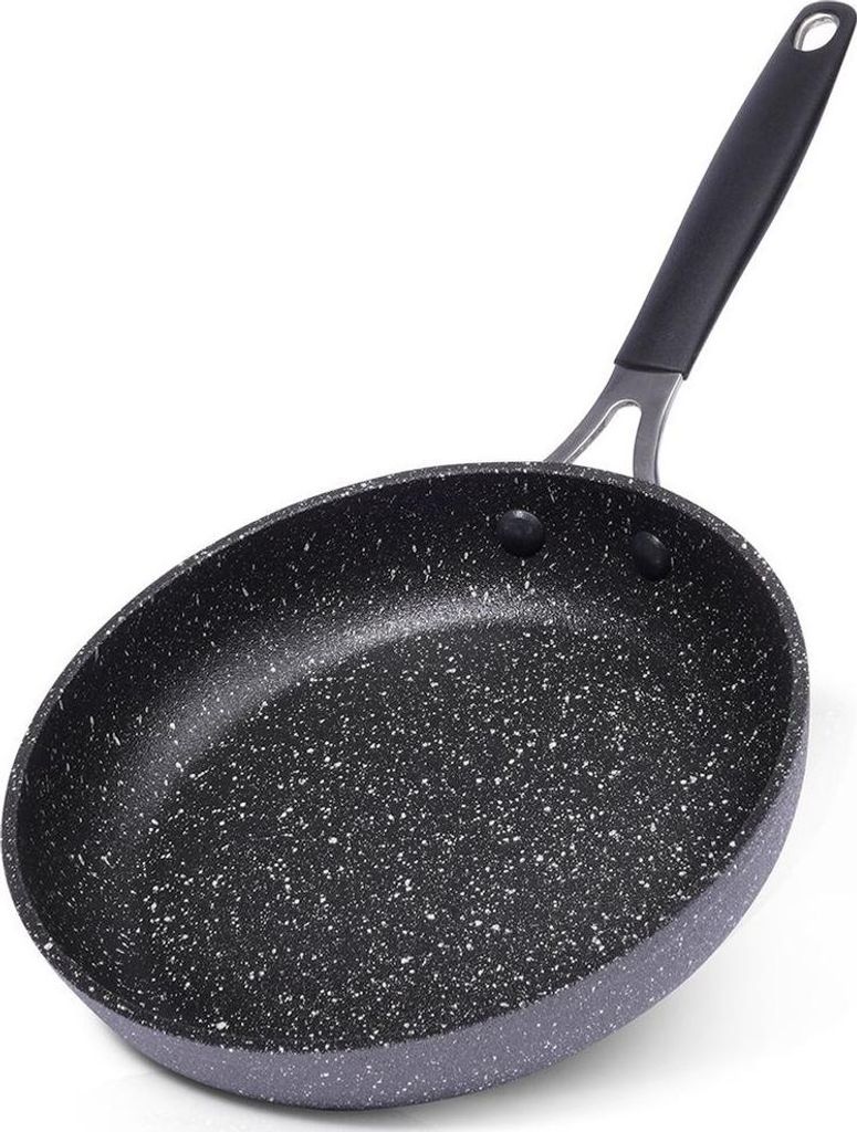 A black frying pan with a speckled interior and a black handle is shown against a white background.
