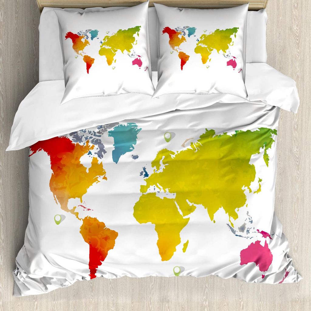 ABAKUHAUS Karte Bettbezug Set, Kontinente der Welt in den lebhaften Aquarellen künstlerisches Grafikdesign-internationales Thema, 200 x 200 cm + 8...