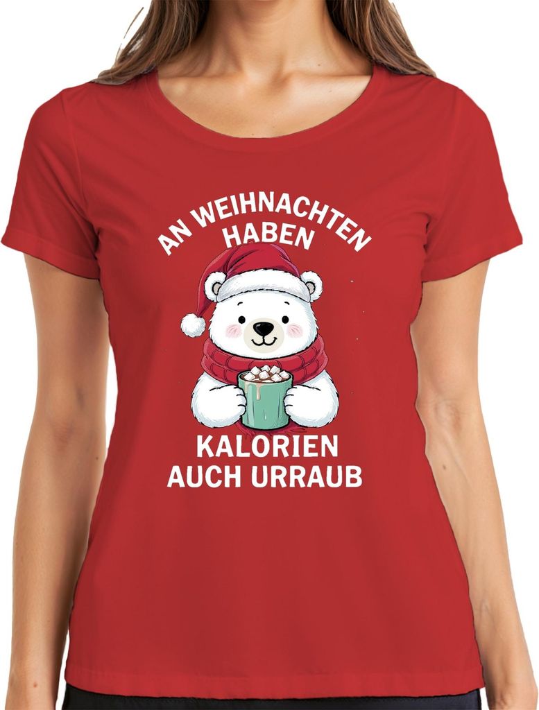 Kalorien haben Urlaub Weihnachten Eisbär Kakao süß Geschenk Damen T-Shirt, Rot, XL