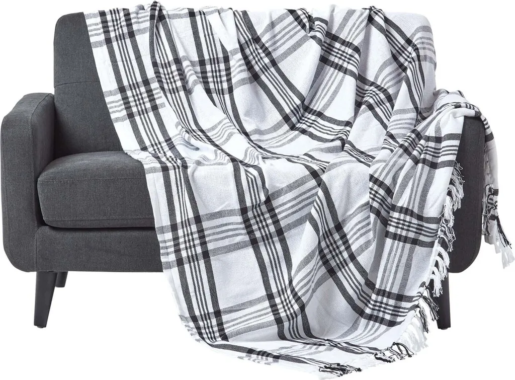 Homescapes Jeté de lit tartan noir et blanc en coton bio - 255 x 360 cm