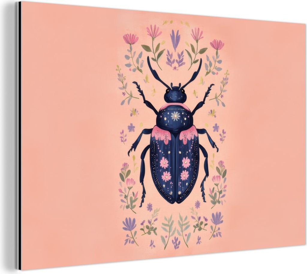 MuchoWow Wanddekoration Metall Metallbild Wandkunst 60x40 cm Käfer - Dunkelblau - Blumen - Zierpflanze MuchoWow Aluminium Gemälde - Gemälder