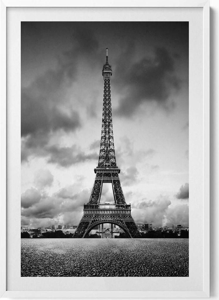 Schwarz-weiße Landschaft in Frankreich mit Eiffelturm– Wandbild mit Rahmen – Gerahmtes Bild – Wanddekoration – 70x100 cm – Weiß Rahmen