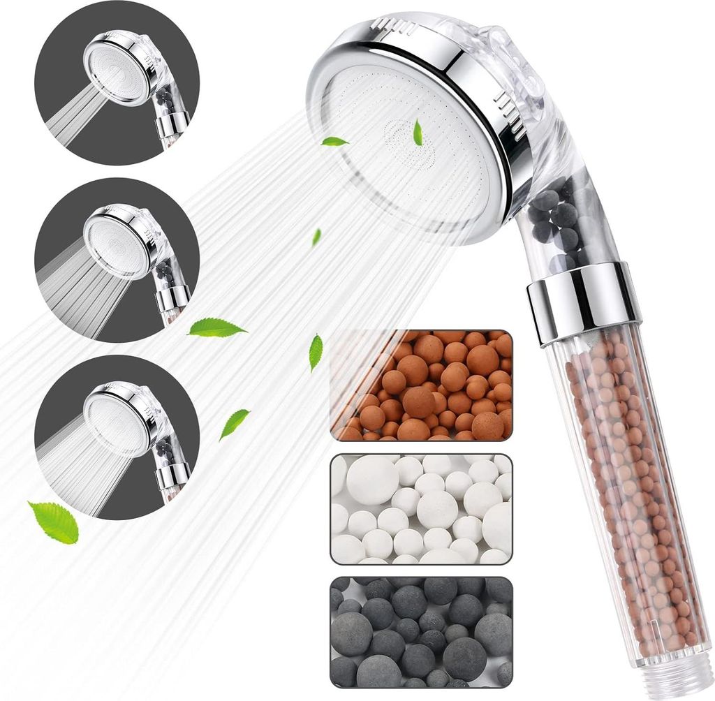Handdusche mit Filtration, 3 Strahlarten und 6 Austauschbaren Duschköpfen - Kalkfilter, Wassersparend, Druckerhöhend - Für Sprühmassage und Mengen