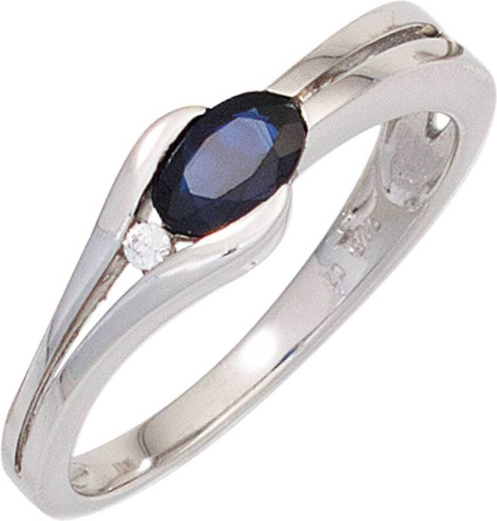 JOBO Damen Ring 333 Gold Weißgold 1 blauer Safir 1 Diamant Brillant Goldring Größe 52