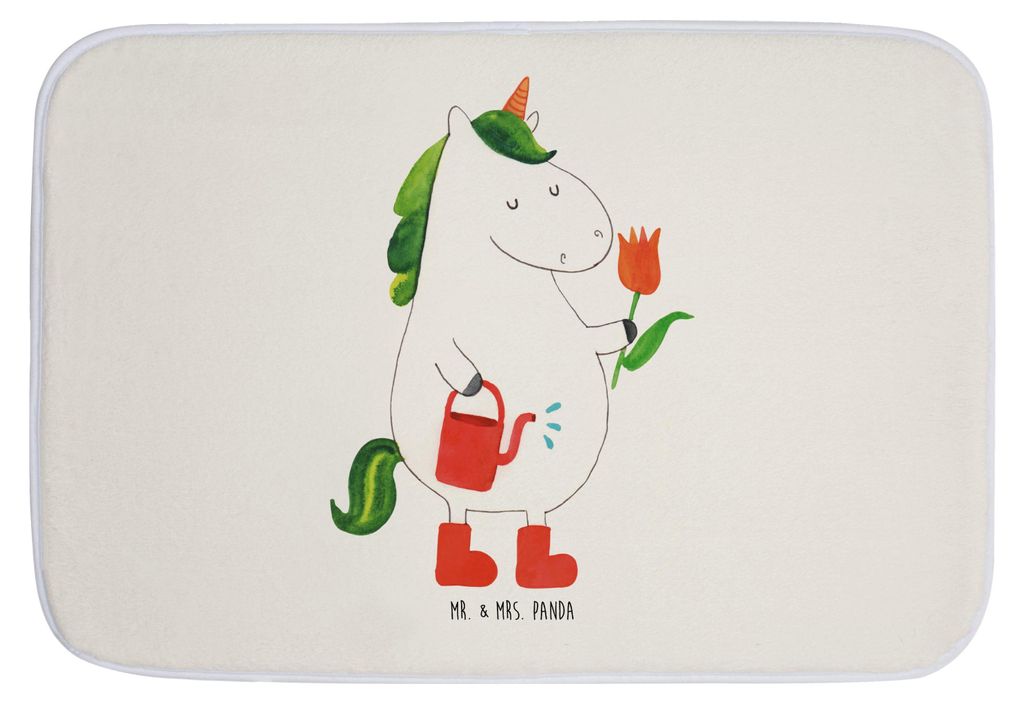 Mr. & Mrs. Panda Badteppich Einhorn Gärtner - Weiß - Geschenk, Badläufer, Unicorn, Einhörner, Garten, Badvorleger, Stiefel, Badezimmerteppich, ...