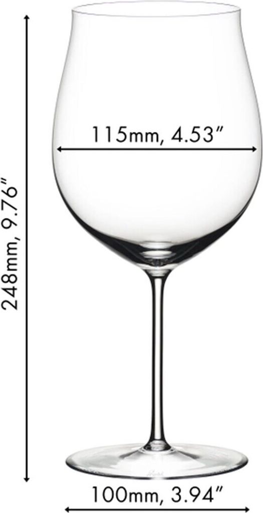 A clear, front-facing image of a wine glass with dimensions indicated.