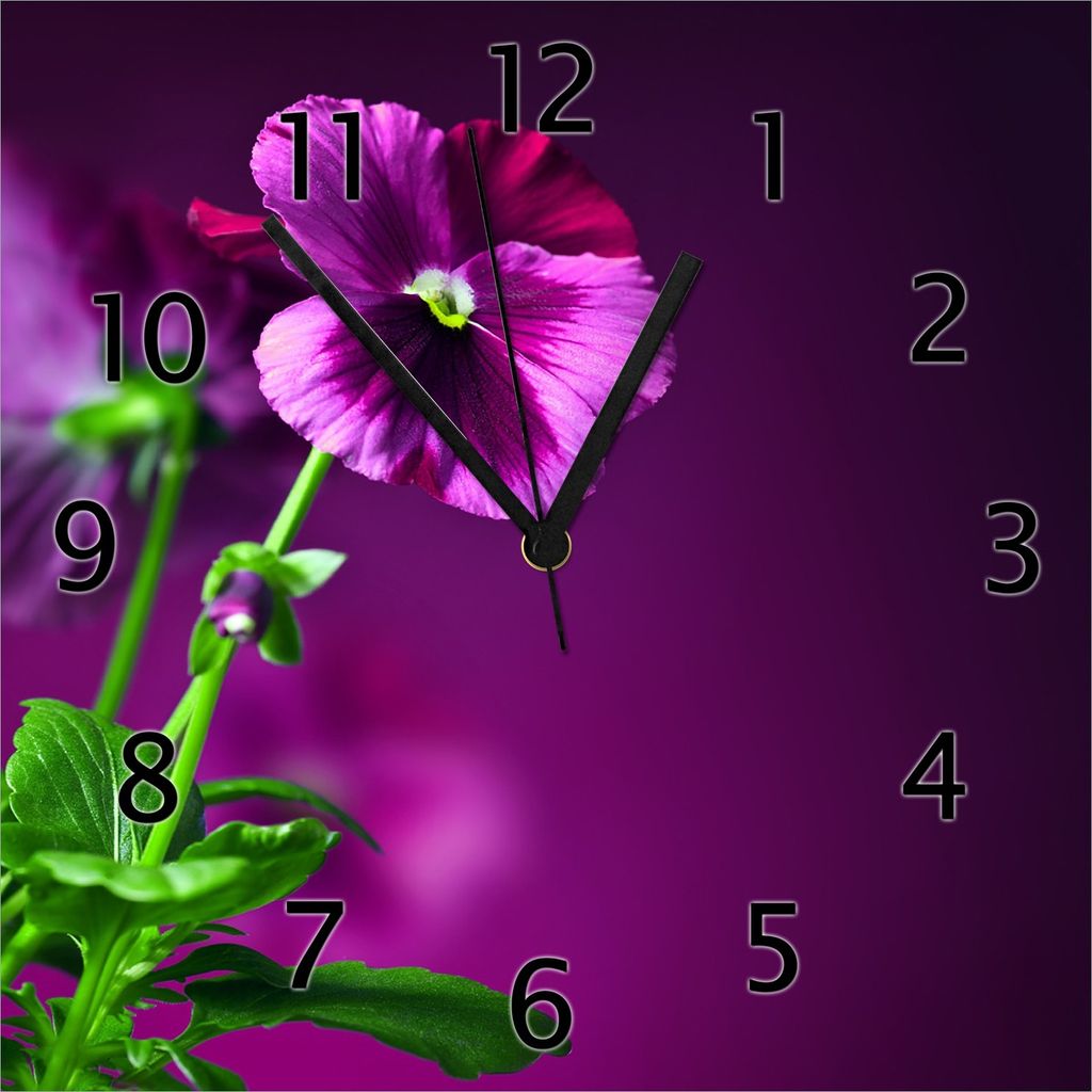 Wallario Design Wanduhr Lila Stiefmütterchen aus Echtglas, Größe 30 x 30 cm