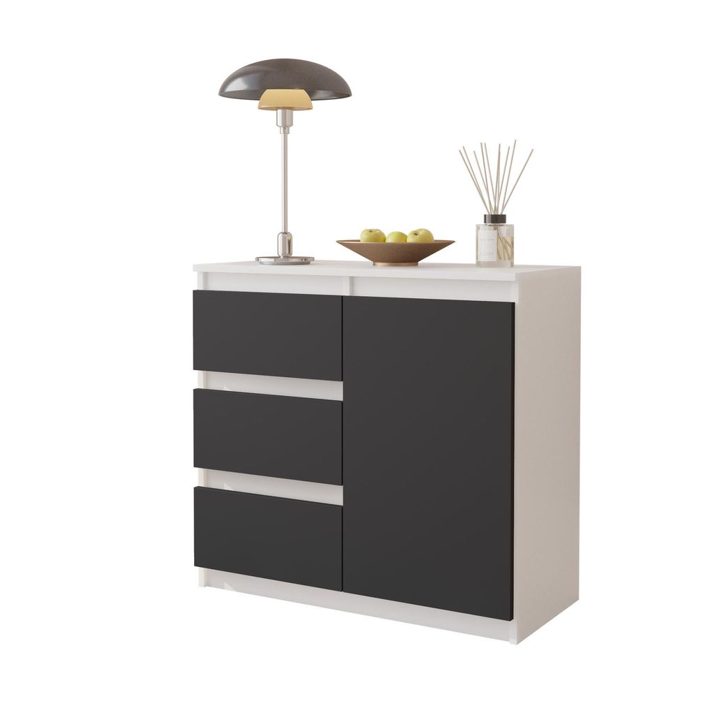 MIKEL - Kommode / Sideboard mit 3 Schubladen und 1 Tür - Weiß Matt / Anthrazit Grau H75cm B80cm T35cm