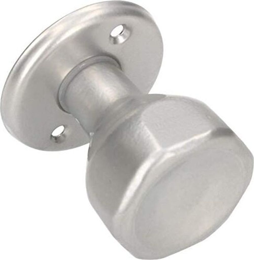 A silver-colored door knob with a round base and a hexagonal knob is shown against a white background.