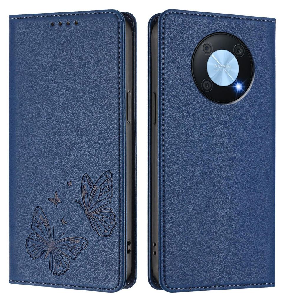 Lederhülle für Huawei Nova Y90, Schmetterling Prägung Leder Brieftasche Schutzhülle mit Ständer Dunkelblau