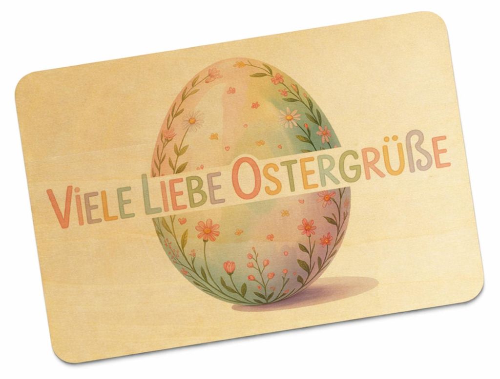 Viele liebe Ostergrüße Postkarte aus Holz mit Aquarell-Osterei