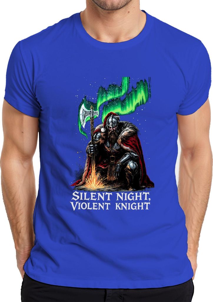 Silent Night Violent Knight Wikinger Axt Nordlicht Weihnachten Herren T-Shirt, Blau, M