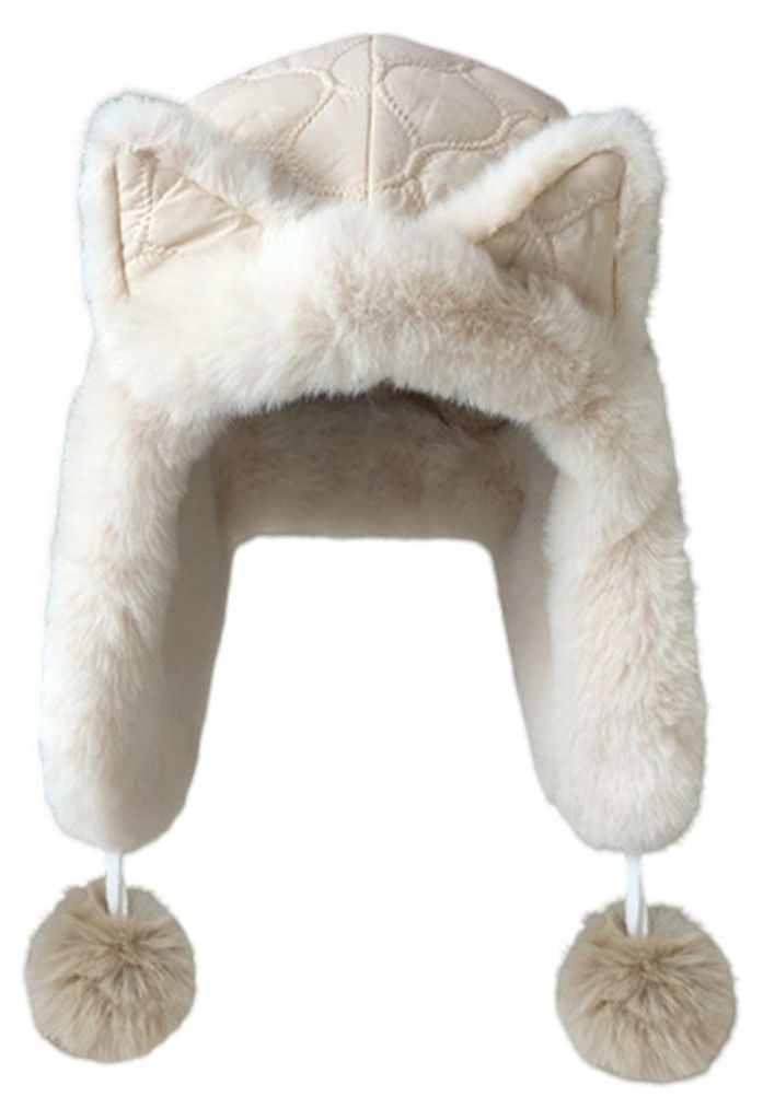 Damen-Wintermütze mit niedlichen Katzenohren, modische Fliegermütze mit Ohrenklappen, Outdoor-Skimütze mit Schnallenverschluss, Beige