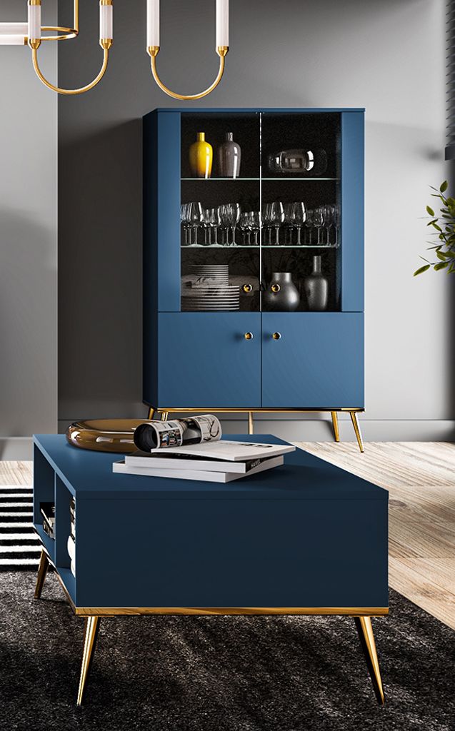 Wohnzimmermöbel dunkelblau MONTPELLIER-131, modern, 2-teilig mit Highboard & Couchtisch