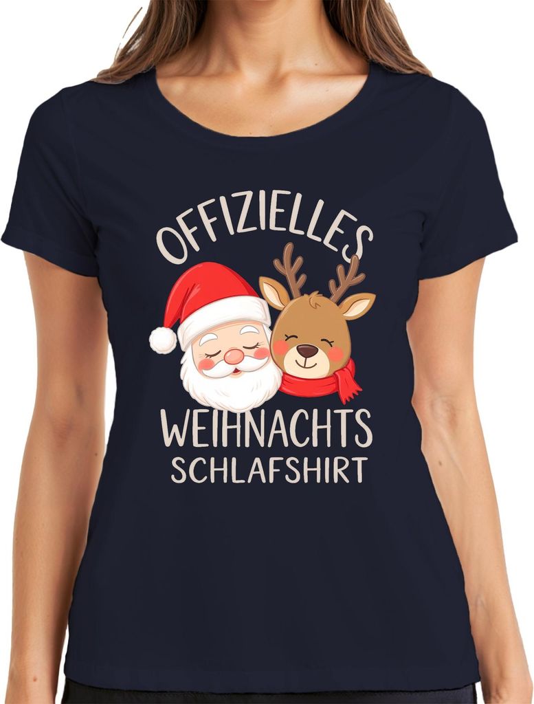 Offizielles Weihnachts Schlafshirt Weihnachtsmann Rentier Lustig Damen T-Shirt, Navy, M