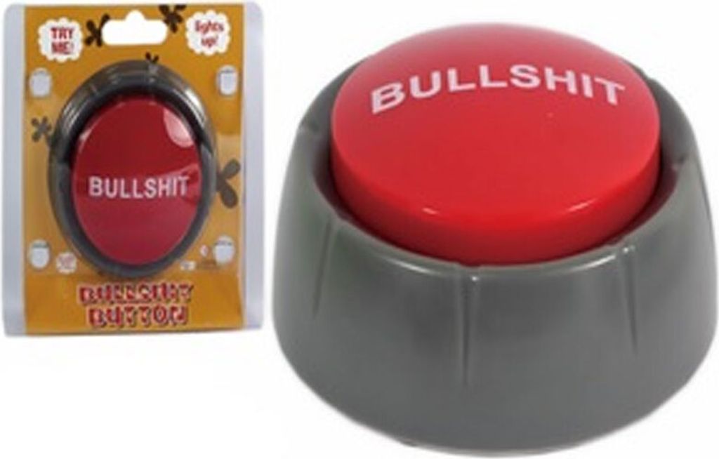 A product shot of a "Bullshit Button" in its packaging and also displayed out of the packaging.