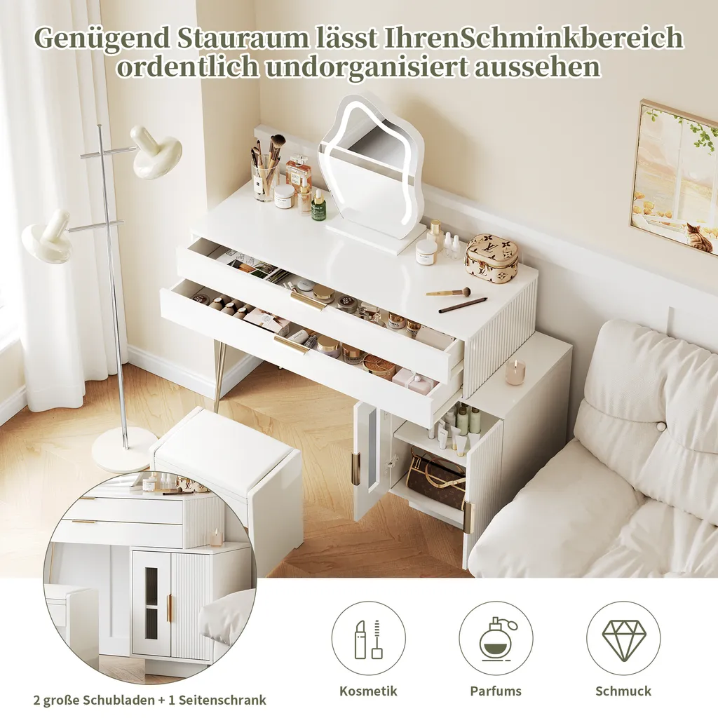 Table de maquillage extensible blanche avec miroir LED Abrihome Design