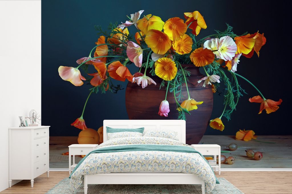 MuchoWow Fototapete für Wohnzimmer oder Schlafzimmer Wandtapete Vinyl Motivtapete Vase - Farben - Stilleben - 330x220 cm - Fototapeten