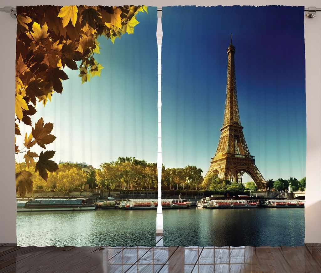 ABAKUHAUS Eiffelturm Rustikaler Gardine, Paris mit Turm, Schlafzimmer Kräuselband Vorhang mit Schlaufen und Haken, 280 x 225 cm, Erde Gelb Grün Blau