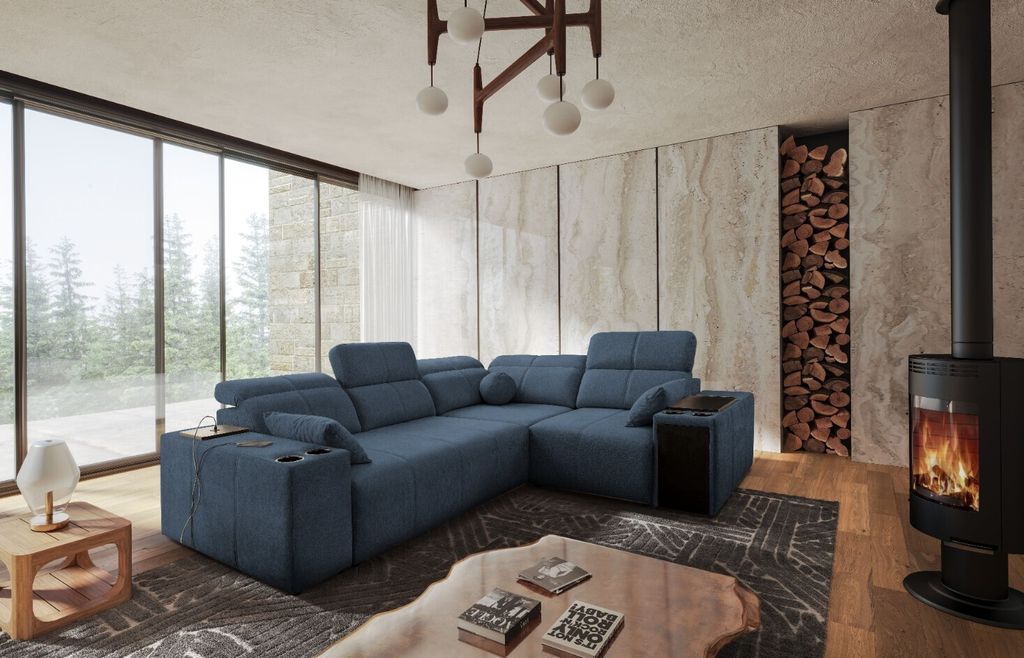 Kaiser Möbel Ecksofa mit Schlaffunktion, USB und verstellbarer Rückenlehne Mindy II, Stoff Verita Blau Rechts