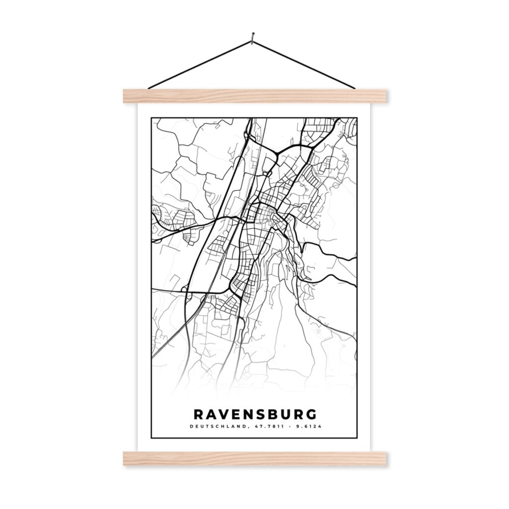 MuchoWow Textilposter Karte - Karte - Revensburg - Stadtplan 40x60 cm mit holzfarbenen Rahmen - Poster