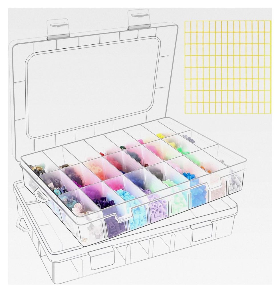 Sortierbox mit 24 Fächern für Kleinteile, 2er-Set, Einstellbare Kunststoff-Organizer, Transparente Aufbewahrungsboxen für Schmuck, Perlen, Ohrri...