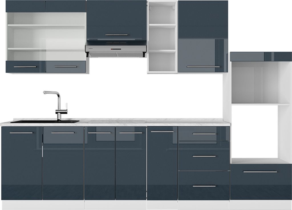 Küchenzeile Vicco Fame-Line Dunkelblau Hochglanz/Weiß 280 cm , AP Marmor, Model 49042