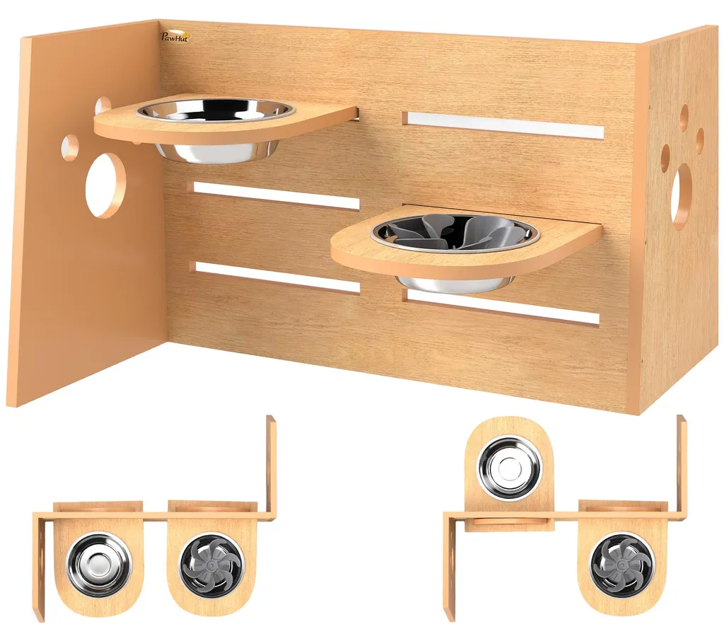 Bar à Gamelles pour Chien Réglable avec Support Bois et 2 Bols Inox Chic