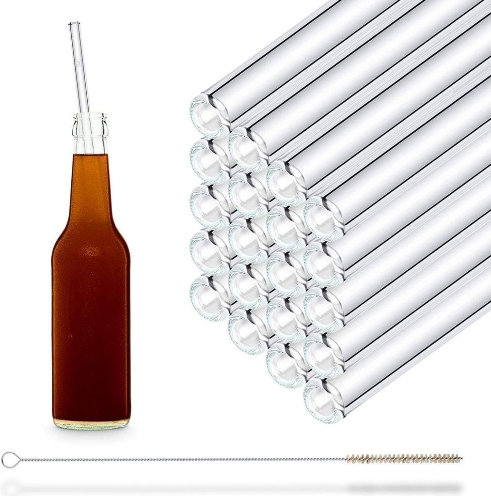 HALM Glasstrohhalme Wiederverwendbar Trinkhalm - 20 Stück gerade 30 cm lang + plastikfreie Reinigungsbürste - Spülmaschinenfest - Nachhaltig