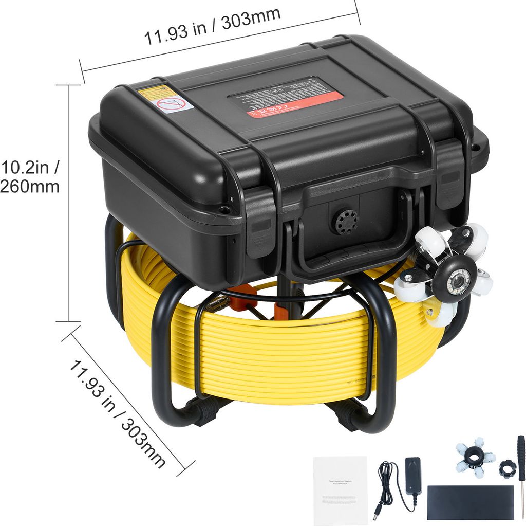 A sewer inspection camera system with a black case, yellow cable, and accessories on a white background.