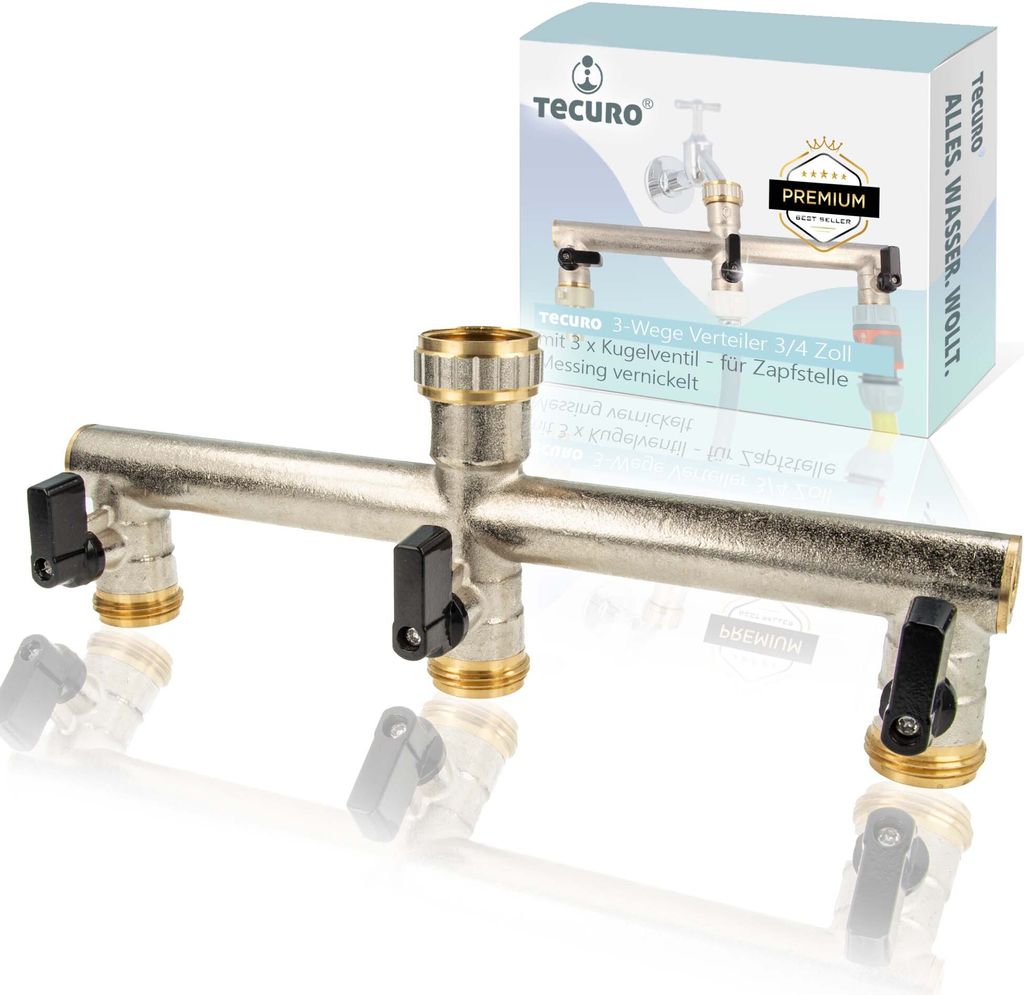tecuro 3-Wege Verteiler 3/4 Zoll mit 3 x Kugelventil, für Zapfstelle, Messing vernickelt