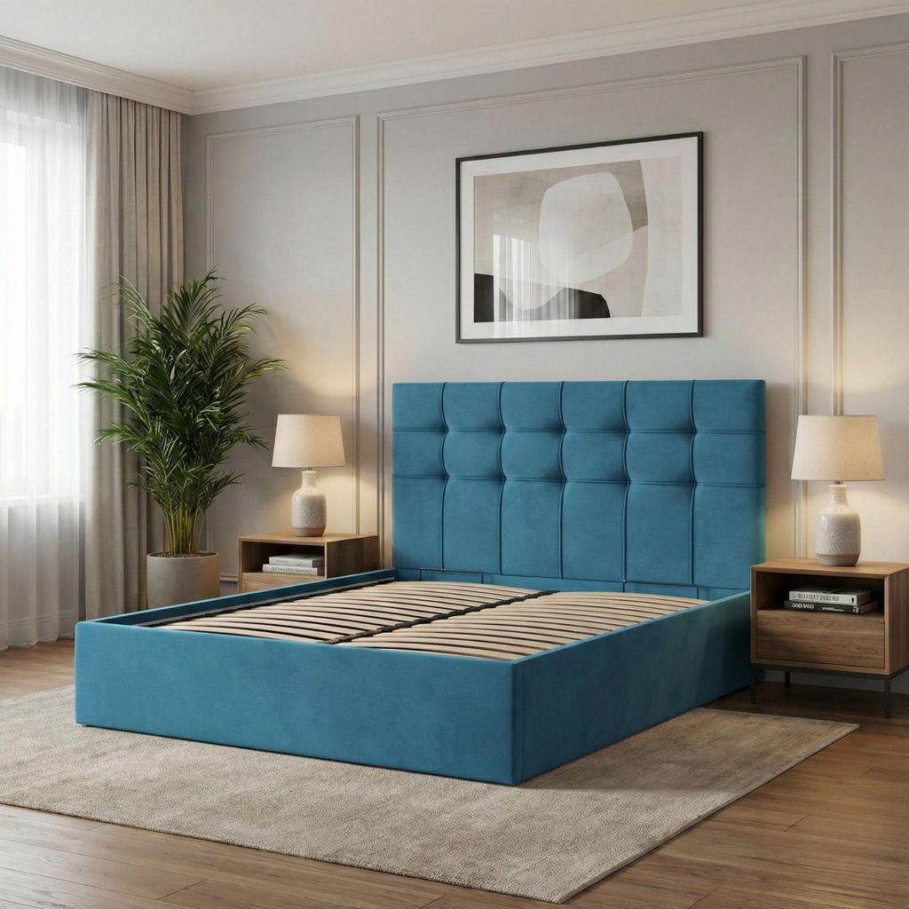 Polsterbett 160x200 cm mit Lattenrost Doppelbett ohne Bettkasten Bett mit Kopfteil, Samtstoff, Veloursbett, Blau, Meeresfarbe SORIA 160 x 200