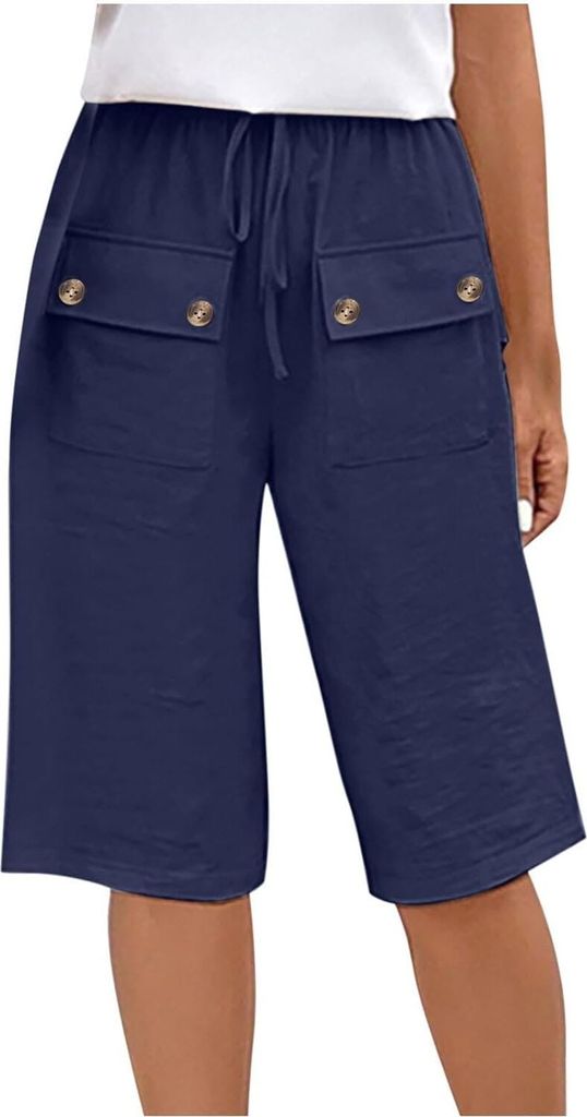 ASKSA Damen Leinen Shorts Sommer Knielang Kurze Hosen mit Taschen Stoffhose Laessig Elastische Taille Strandshorts (Dunkelblau,XL)